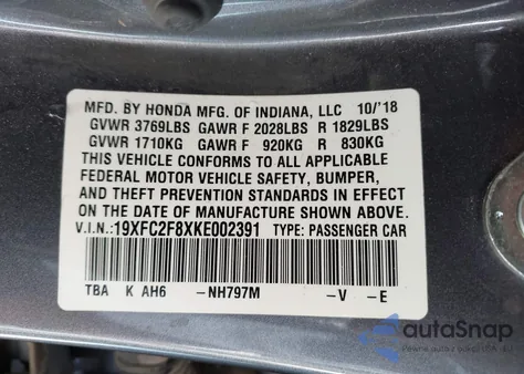 2019 Honda Civic Sport from USA, damaged, VIN 19XFC2F8XKE002391